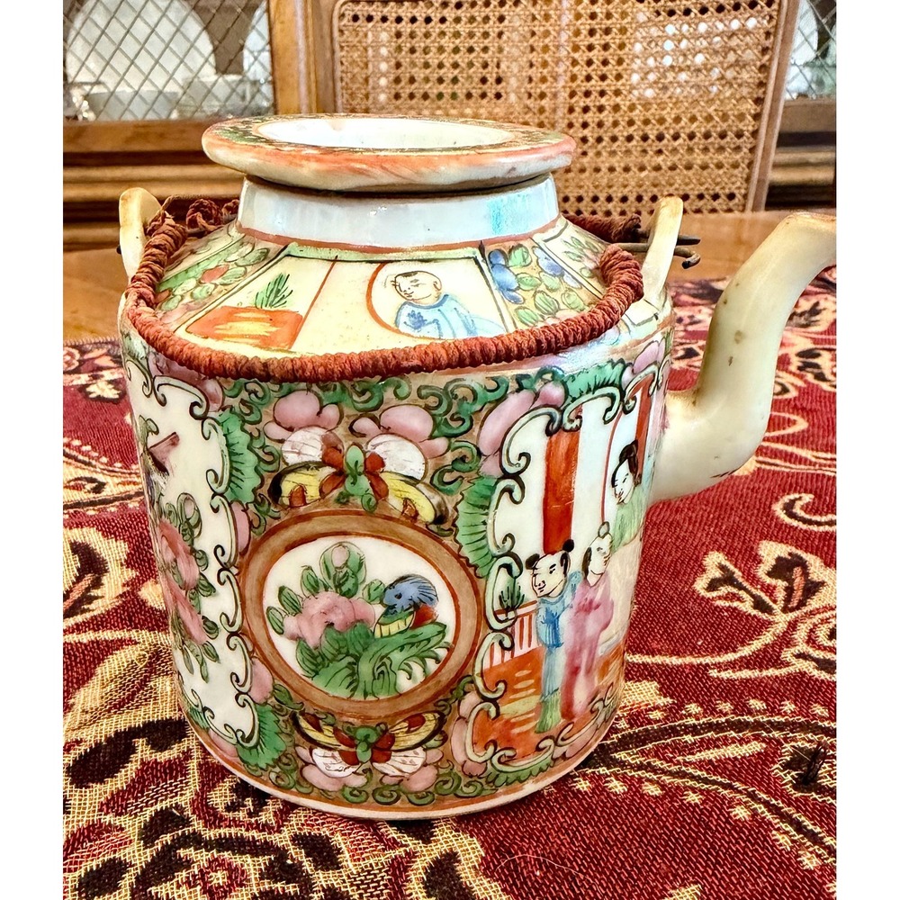 Antique Rose Medallion Teapot, Chinese Export Porcelain, Hand-Painted